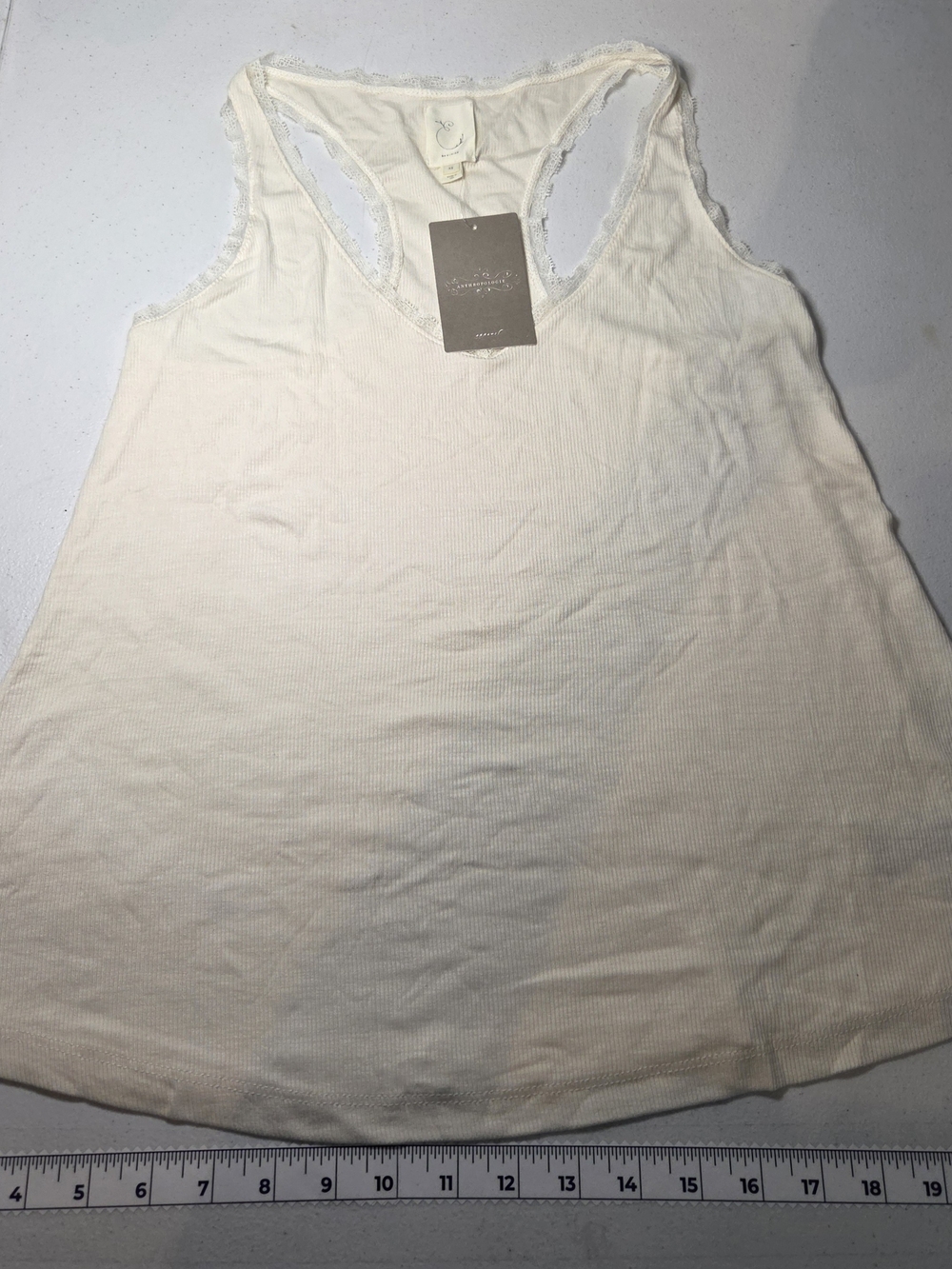 Anthropologie Cream Lace-Trim Ribbed Racerback Tank- Made in USA - XS